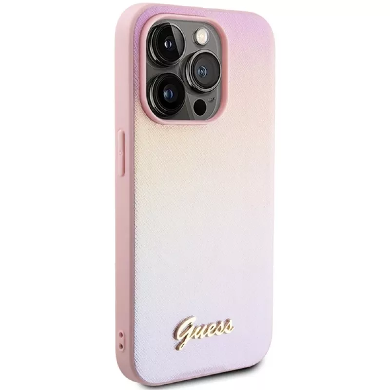 Guess Saffiano Iridescent Script Hard Case for Apple iPhone 15 Pro 6,1 inch - Pink