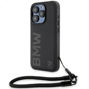BMW Signature Leather Wordmark Cord Hard Case iPhone 15 Pro 6.1 Melns