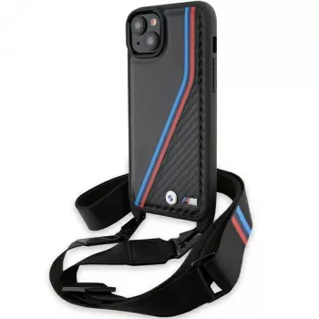 BMW BMHCP15S23PSVTK iPhone 15 / 14 / 13 Black Hardcase M Edition Carbon Tricolor Lines & Strap