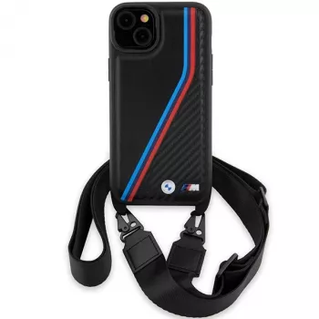 BMW BMHCP15S23PSVTK iPhone 15 / 14 / 13 Black Hardcase M Edition Carbon Tricolor Lines & Strap