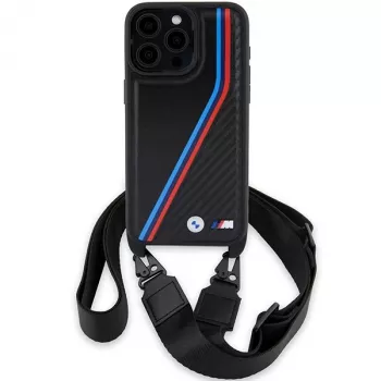 BMW M Edition Carbon Tricolor Lines Hard Case with Strap for Apple iPhone 15 Pro Max 6,7 inch Black