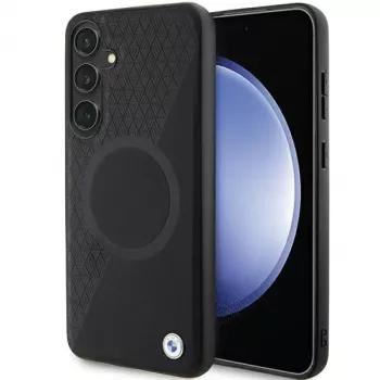 BMW Signature Leather Half Textured & Circle MagSafe Hard Case Samsung Galaxy S24 S921 Melns