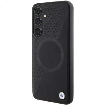 BMW Signature Leather Half Textured & Circle MagSafe Hard Case Samsung Galaxy S24 S921 Melns