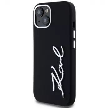 KARL LAGERFELD Silicone Metal Script Logo Case for Apple iPhone 15, Black