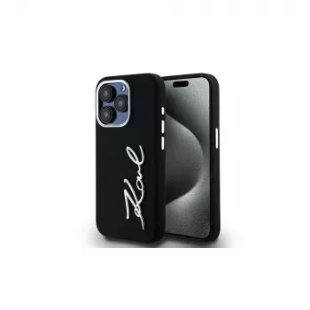 KARL LAGERFELD Silicone Metal Script Logo Case for Apple iPhone 15 Pro Max, Black
