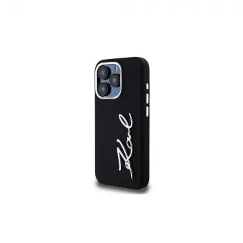 KARL LAGERFELD Silicone Metal Script Logo Case for Apple iPhone 15 Pro Max, Black