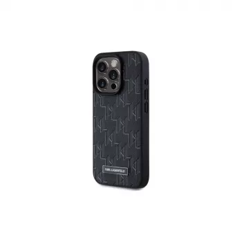 Karl Lagerfeld KLHMP15LPKHPORPK iPhone 15 Pro 6.1 Hardcase Black Leather Monogram Metal Logo MagSafe