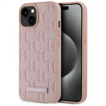 Karl Lagerfeld Ādas Monogrammas Metāla Logotipa MagSafe Maciņš iPhone 15 Rozā