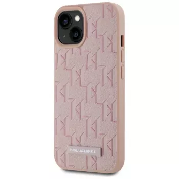 Karl Lagerfeld Ādas Monogrammas Metāla Logotipa MagSafe Maciņš iPhone 15 Rozā