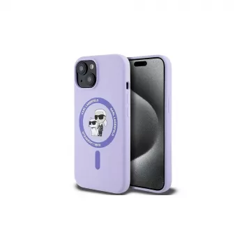 Karl Lagerfeld KLHMP15SSCMKCRHU iPhone 15 6,1 inch Purple Silicone Hard Case with Karl & Choupette Heads Ring and MagSafe