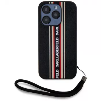 KARL LAGERFELD Saffiano AthleisureStripes Cord Case iPhone 15 Pro Max, Melns/Sarkans