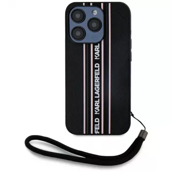 KARL LAGERFELD Saffiano Athleisure Stripes Maciņš iPhone 15 Pro, Melns/Rozā