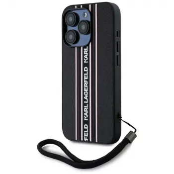 KARL LAGERFELD Saffiano Athleisure Stripes Maciņš iPhone 15 Pro, Melns/Rozā