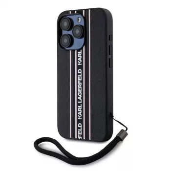Karl Lagerfeld Saffiano AthleisureStripes Cord Case for iPhone 15 Pro Max Black Pink