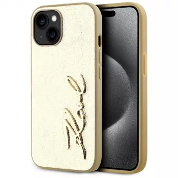 KARL LAGERFELD Wrinkled Metal Signature Phone Case iPhone 15, Gold