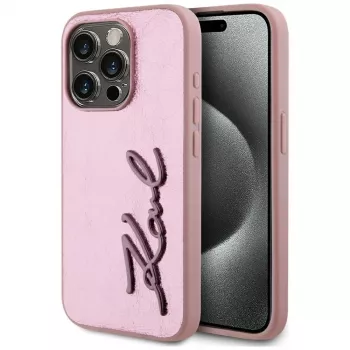 Karl Lagerfeld Wrinkled Metal Signature Case iPhone 15 Pro, rozā
