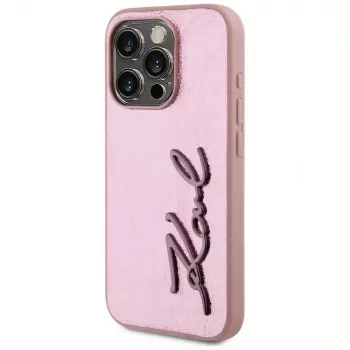 Karl Lagerfeld Wrinkled Metal Signature Case iPhone 15 Pro, rozā
