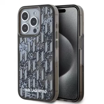 KARL LAGERFELD Liquide GlitterMonogram Gradient Back Cover Apple iPhone 15 Pro, Melns