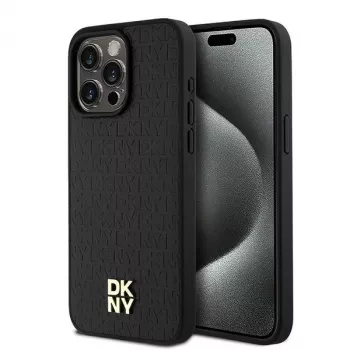 DKNY DKHMP15XPSHRPSK Cietais Maciņš iPhone 15 Pro Max 6,7 inch Melna Īsta Āda Monogrammas Raksts Metāla Logo MagSafe