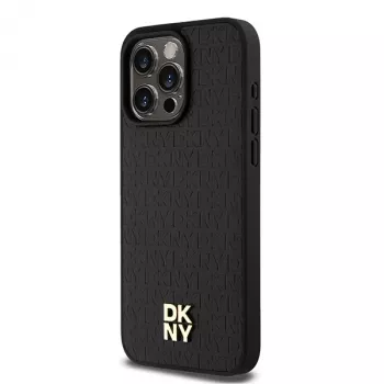 DKNY DKHMP15XPSHRPSK Cietais Maciņš iPhone 15 Pro Max 6,7 inch Melna Īsta Āda Monogrammas Raksts Metāla Logo MagSafe
