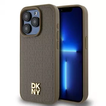 DKNY DKHMP14LPSHRPSW Cietais vāciņš Apple iPhone 14 Pro 6,1 inch Brūns ādas raksts ar metāla logotipu MagSafe
