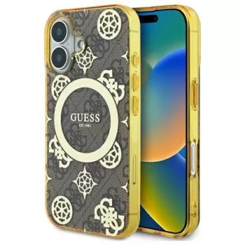 Guess GUHMP16SH4PYEEW Cietais vāciņš Apple iPhone 16 6,1 inch Brūns Peony On 4G Background MagSafe