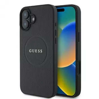 Guess GUHMP16SPGHSMMK Grained Gold Ring MagSafe cietais apvalks Apple iPhone 16 6.1 collu, melns
