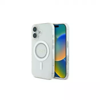 Guess GUHMP16SPFTDTEH Cietais maciņš IML Rhinestones MagSafe Apple iPhone 16 6,1 inch Balts