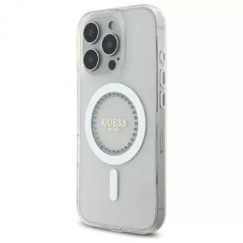 Guess GUHMP16LPFTDTEH Hardcase Apple iPhone 16 Pro 6,3 inch Balts IML Rhinestones MagSafe