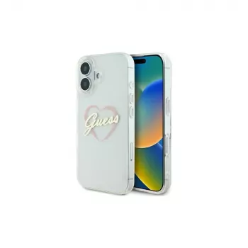 Guess GUHCP16MHCHGSPT Cietais maciņš Apple iPhone 16 Plus, caurspīdīgs, IML sirds raksts