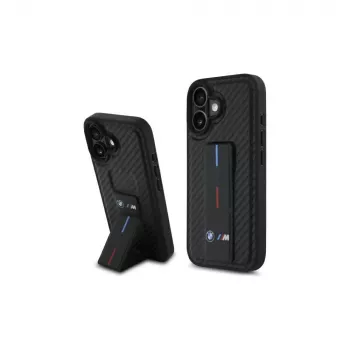 BMW BMHCP16SGSPCCK M Grip Stand Smooth and Carbon cietais vāciņš iPhone 16 6.1 – melns