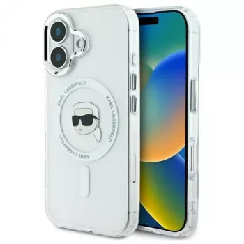 Karl Lagerfeld KLHMP16SHLSKIH Hardcase IML Metal Karl Head MagSafe Apple iPhone 16 6.1 collu, balts