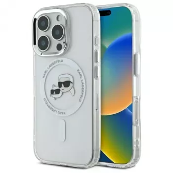 Karl Lagerfeld KLHMP16XHLSKCH Hardcase IML Metal Karl & Choupette Head MagSafe Apple iPhone 16 Pro Max 6,9 inch Balts
