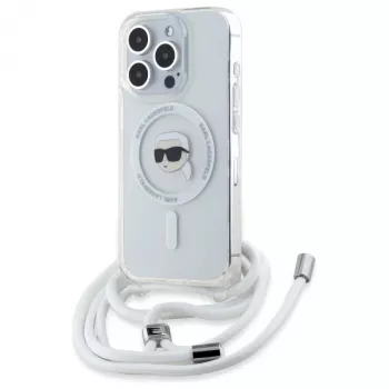 Karl Lagerfeld iPhone 16 Pro cietais maciņš Caurspīdīgs Crossbody IML Karl Head MagSafe