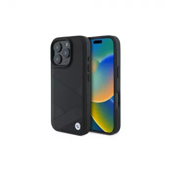 BMW Sign Leather Crossing Lines Pattern Hard Case Apple iPhone 16 Pro 6,3 inch Melns