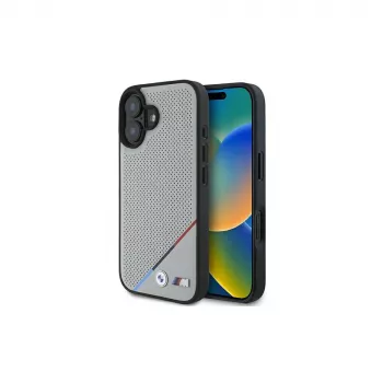 BMW M Perforated Tricolor Line MagSafe cietais vāciņš Apple iPhone 16 6,1 inch - pelēks