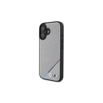 BMW M Perforated Tricolor Line MagSafe cietais vāciņš Apple iPhone 16 6,1 inch - pelēks