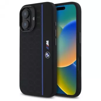 BMW BMHMP16S23SHEB iPhone 16 6,1 collu melns silikona cietais vāciņš Hexagon Blue Line MagSafe