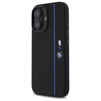 BMW BMHMP16S23SHEB iPhone 16 6,1 collu melns silikona cietais vāciņš Hexagon Blue Line MagSafe