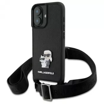 Karl Lagerfeld Saffiano Karl & Choupette Metal Pin CBDY Strap Hard Case iPhone 16 6.1, Melns