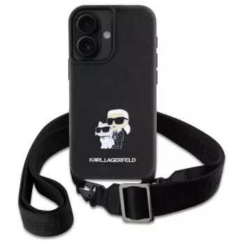 Karl Lagerfeld Saffiano Karl & Choupette Metal Pin CBDY Strap Hard Case iPhone 16 6.1, Melns