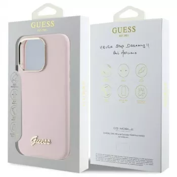 Guess GUHCP16XSMBSLP iPhone 16 Pro Max 6,9 collu rozā silikona cietais vāciņš ar metāla Script logotipu un rāmi