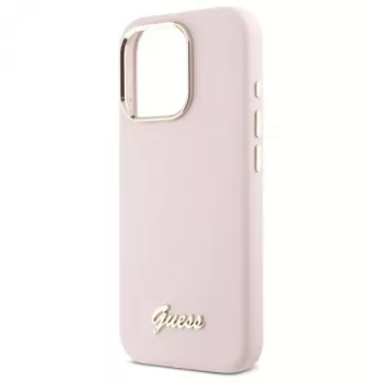 Guess GUHCP16XSMBSLP iPhone 16 Pro Max 6,9 collu rozā silikona cietais vāciņš ar metāla Script logotipu un rāmi