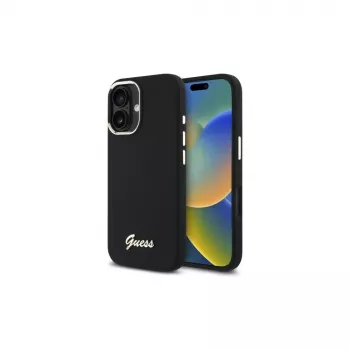 Guess GUHCP16SSMBSLK iPhone 16 6,1 inch melns silikona cietais vāciņš ar metāla logotipu un rāmi