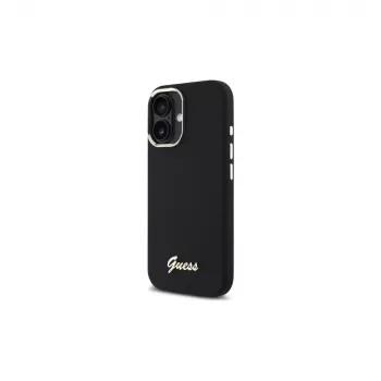 Guess GUHCP16SSMBSLK iPhone 16 6,1 inch melns silikona cietais vāciņš ar metāla logotipu un rāmi