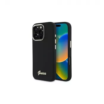 Guess GUHCP16LSMBSLK iPhone 16 Pro 6,3 collu Melns Cietais Silikona Vāciņš ar Script Metāla Logo un Rāmi