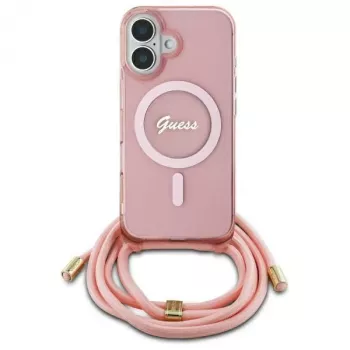 Guess GUHMP16SHCTSGNSP iPhone 16 6,1 inch Pink Hardcase Crossbody Cord Script MagSafe