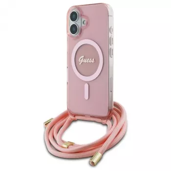 Guess GUHMP16SHCTSGNSP iPhone 16 6,1 inch Pink Hardcase Crossbody Cord Script MagSafe