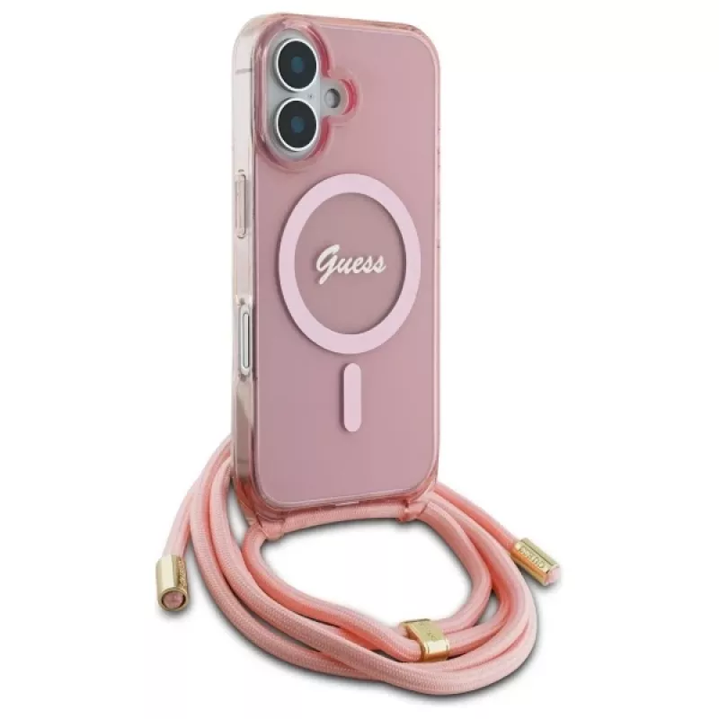 Guess GUHMP16SHCTSGNSP iPhone 16 6,1 inch Pink Hardcase Crossbody Cord Script MagSafe