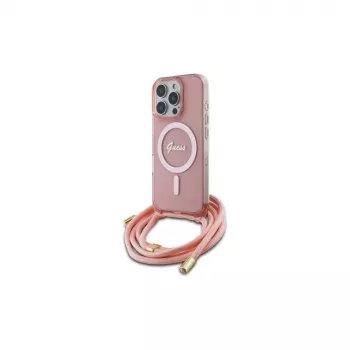 Guess GUHMP16LHCTSGNSP iPhone 16 Pro 6,3 inch Pink Hardcase Crossbody Cord Script MagSafe